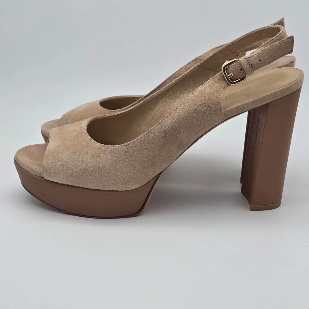 Stuart Weitzman Slingshot Block Heels Women 10 Tan Suede Platform‎ Wedding Guest